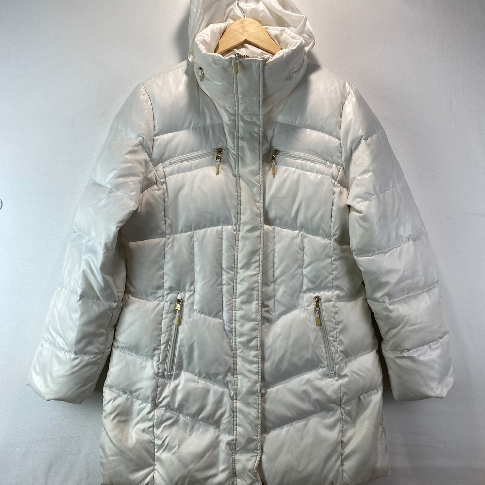 Calvin Klein Duck Down Puffer Coat Women Large White Gold Zip Hooded Longline